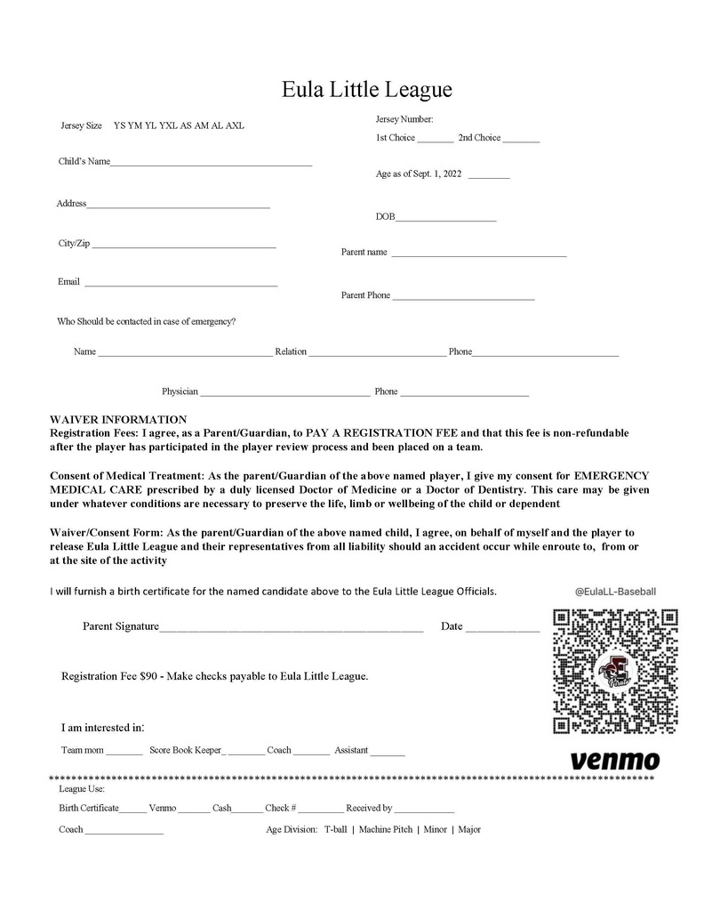 Baseball Registration Form