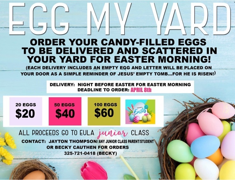 The Junior class will be delivering eggs for their spring fundraiser.  Contact any Junior,  Becky Cauthen, Coach Thompson if you’d like to order or have questions.  